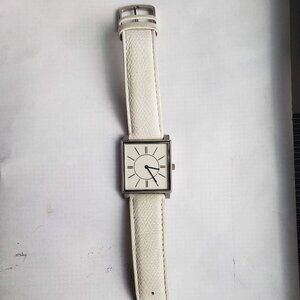 Rare Vintage Danish Design Watch White Leather Strap Square Stainless Steel